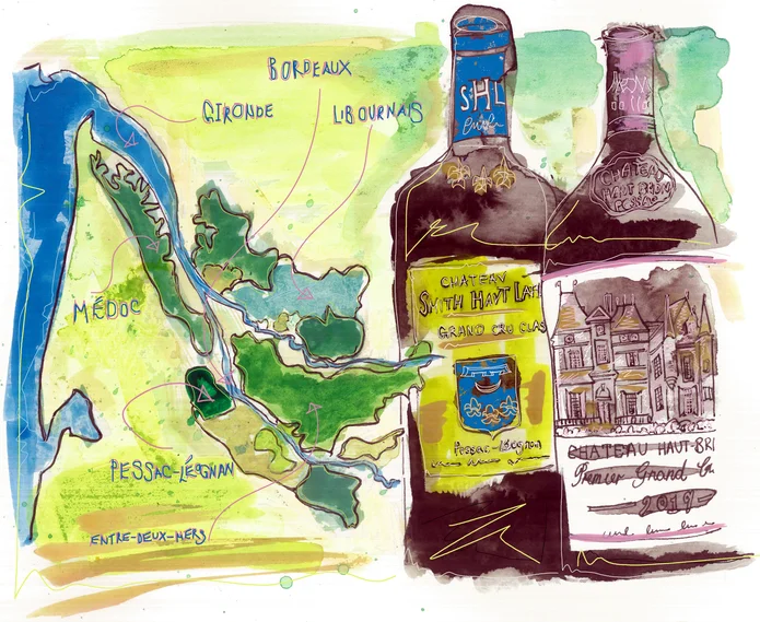 Pessac-Léognan wine region illustration showing vineyard landscapes and wine culture